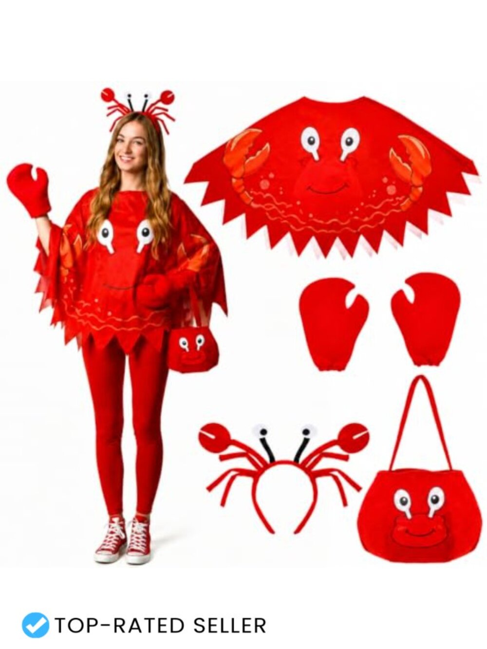 Halloween Crab Costume Set Poncho Headband Claw Gloves Candy Bag One Size